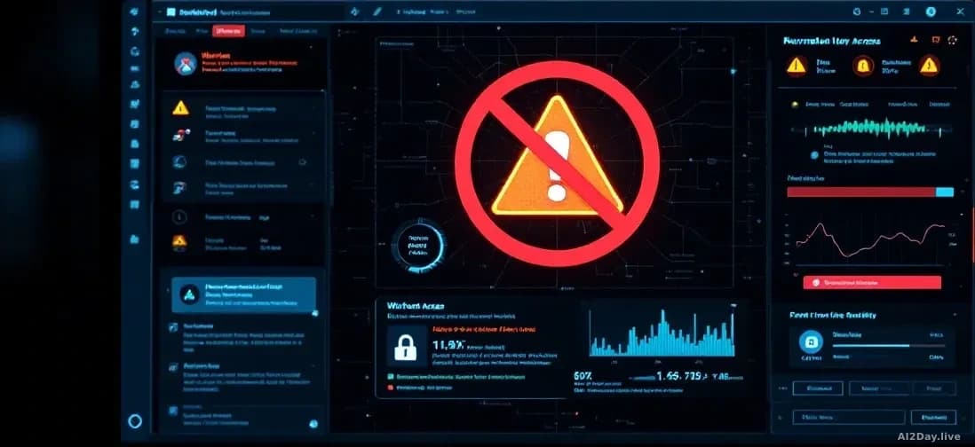 A darkened computer screen showing warning symbols and prohibited access indicators, with digital security features and protective software interface elements d