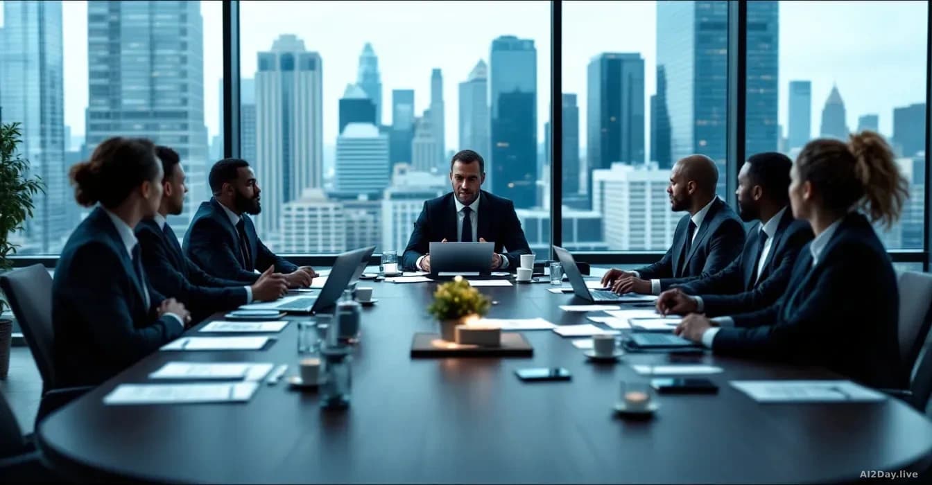 A round-table conference setting with multiple executives in business attire seated around a table with laptops and documents, large windows with city views beh