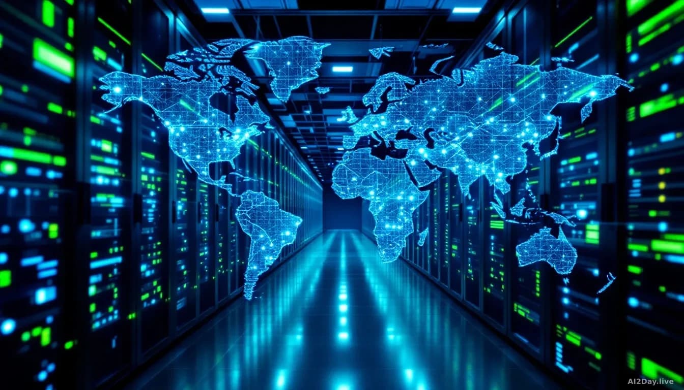 A European data centre facility with rows of server racks illuminated in blue and green, and a world map display showing data flow and network connections acros