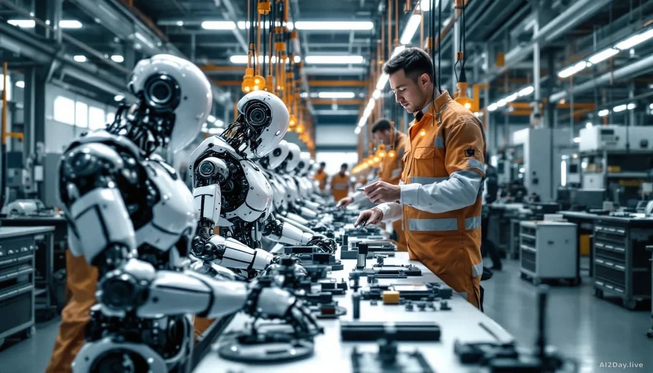 A robotics manufacturing facility in China with assembly lines, humanoid robot frames in various stages of assembly, and workers in uniforms inspecting componen