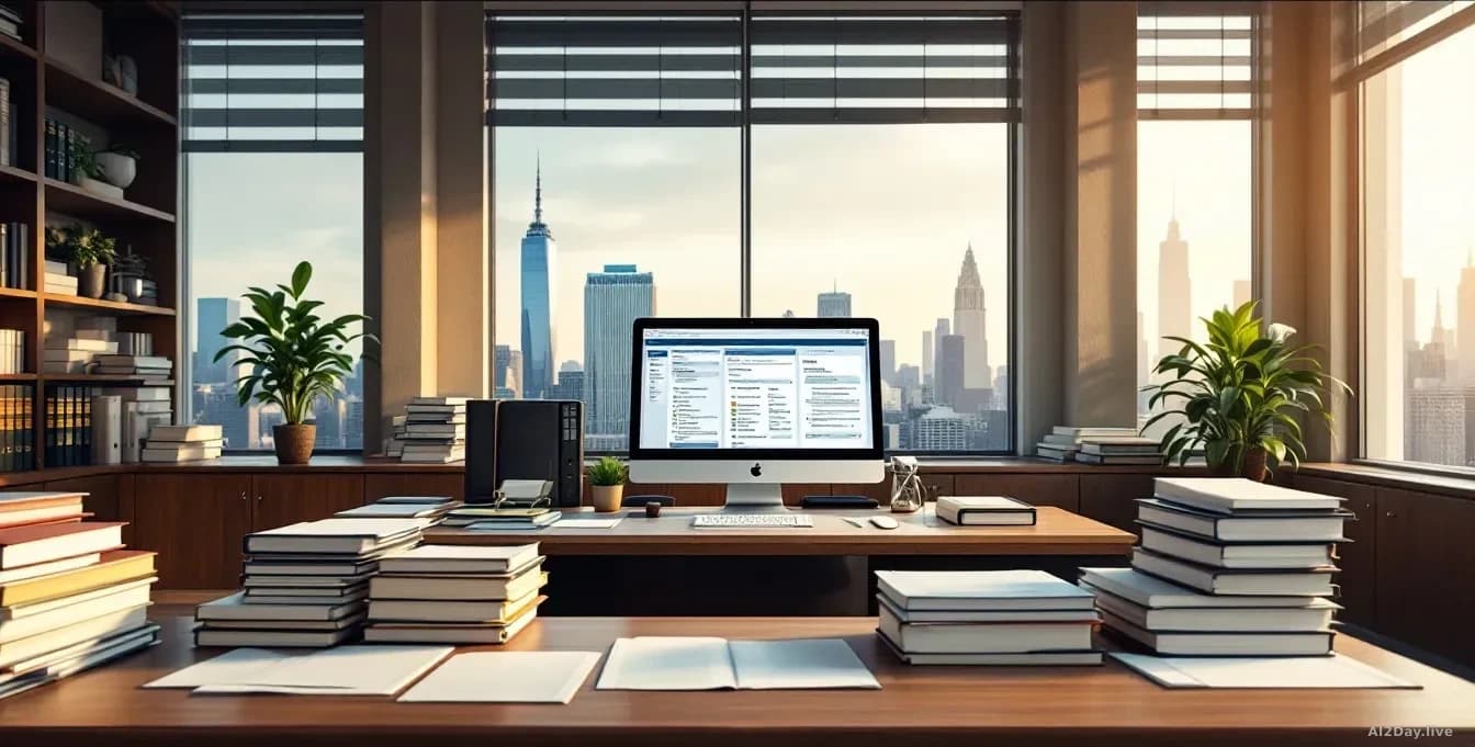 A law office interior with legal documents and case files stacked on desks, with a computer displaying court filing pages, and city skyline visible through wind