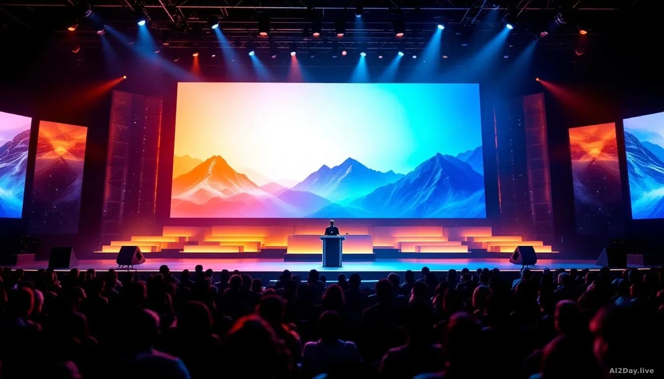 A large conference stage or summit event space with a speaker at podium and an oversized display screen, audience members visible in soft focus, suggesting tech