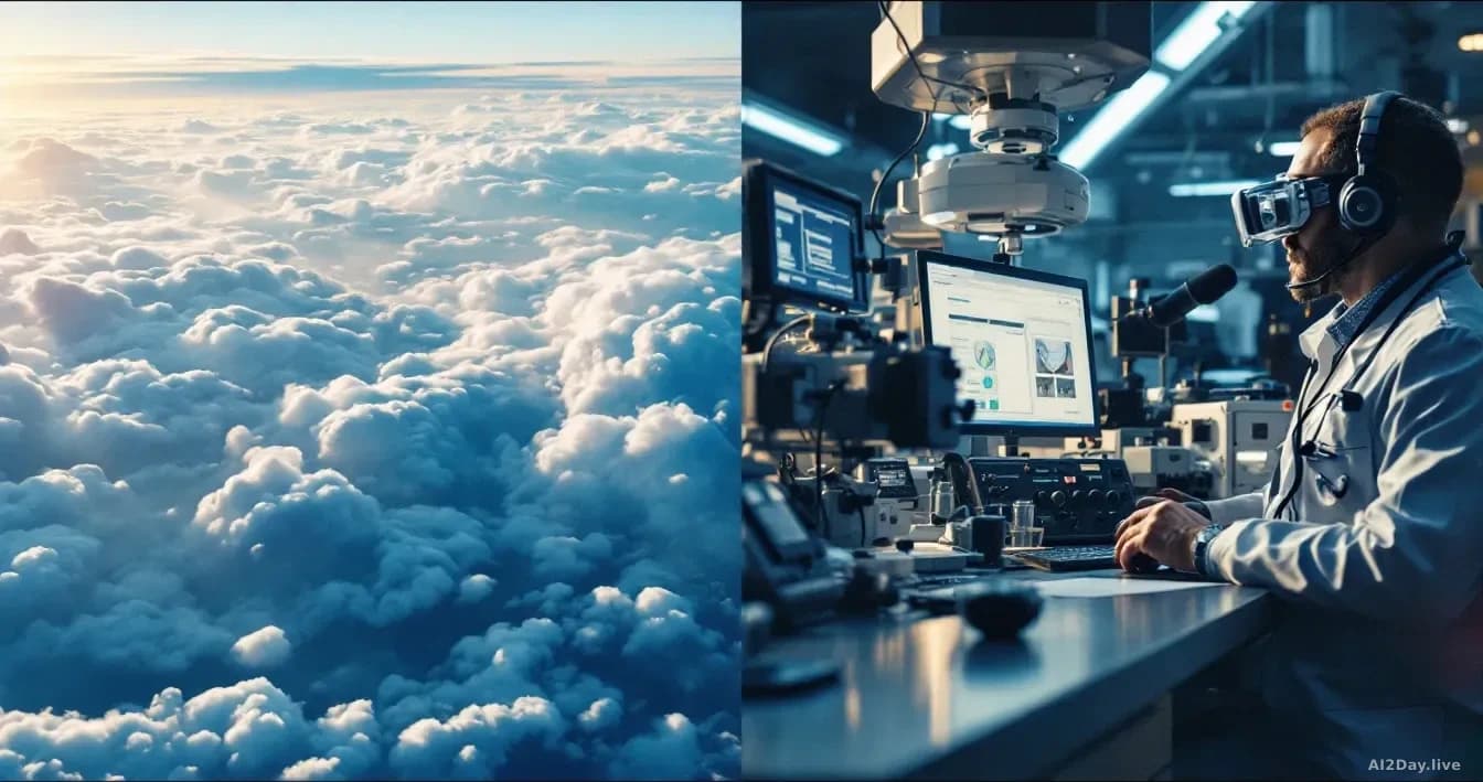 Split composition: one side showing Earth horizon and clouds from high altitude perspective, other side showing a research laboratory or interview setting with 