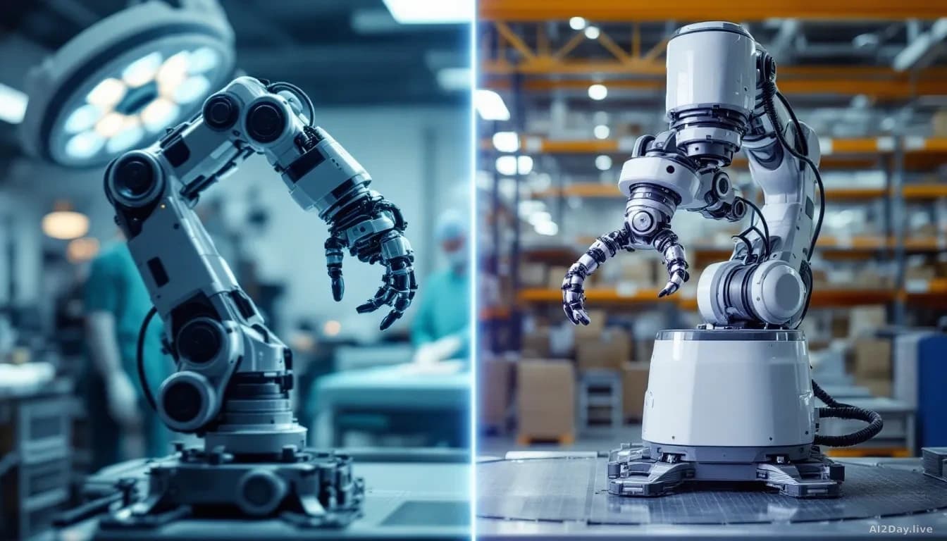 Split-screen perspective: surgical robotic arm in sterile operating theatre on one side, industrial robotic system in busy warehouse on other side, both perform
