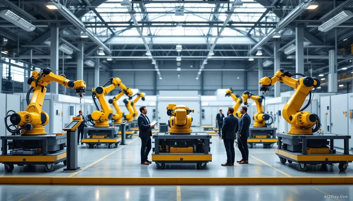 A convention hall or industrial space with multiple robotic arms and mobile platforms positioned at different stations, with industry professionals in business 