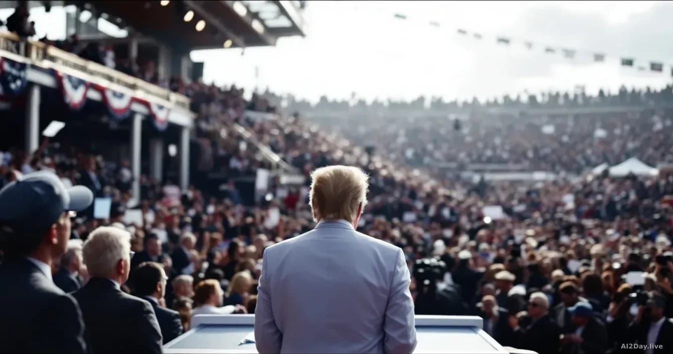 Illustration: A political rally or public address setting with crowds in background and an empty podium