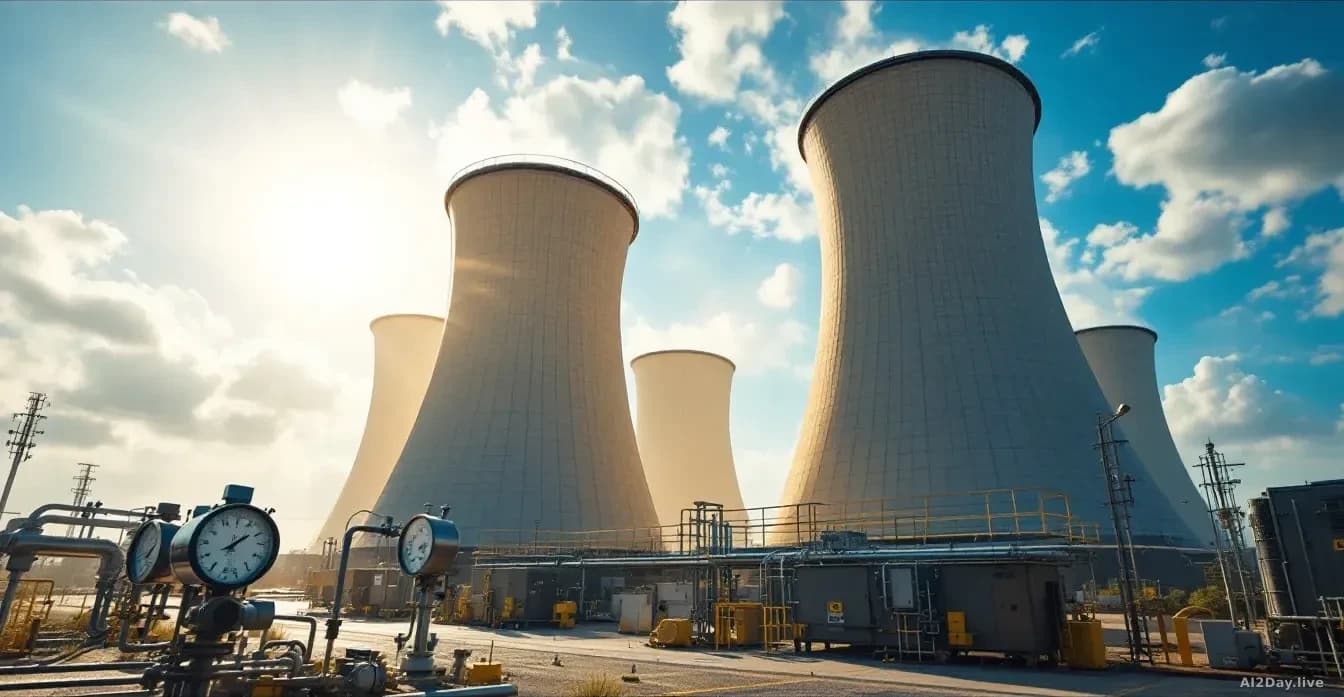 Massive cooling towers and industrial infrastructure of a data centre facility under Texas sun, with dust and heat shimmer visible, and water measurement gauges