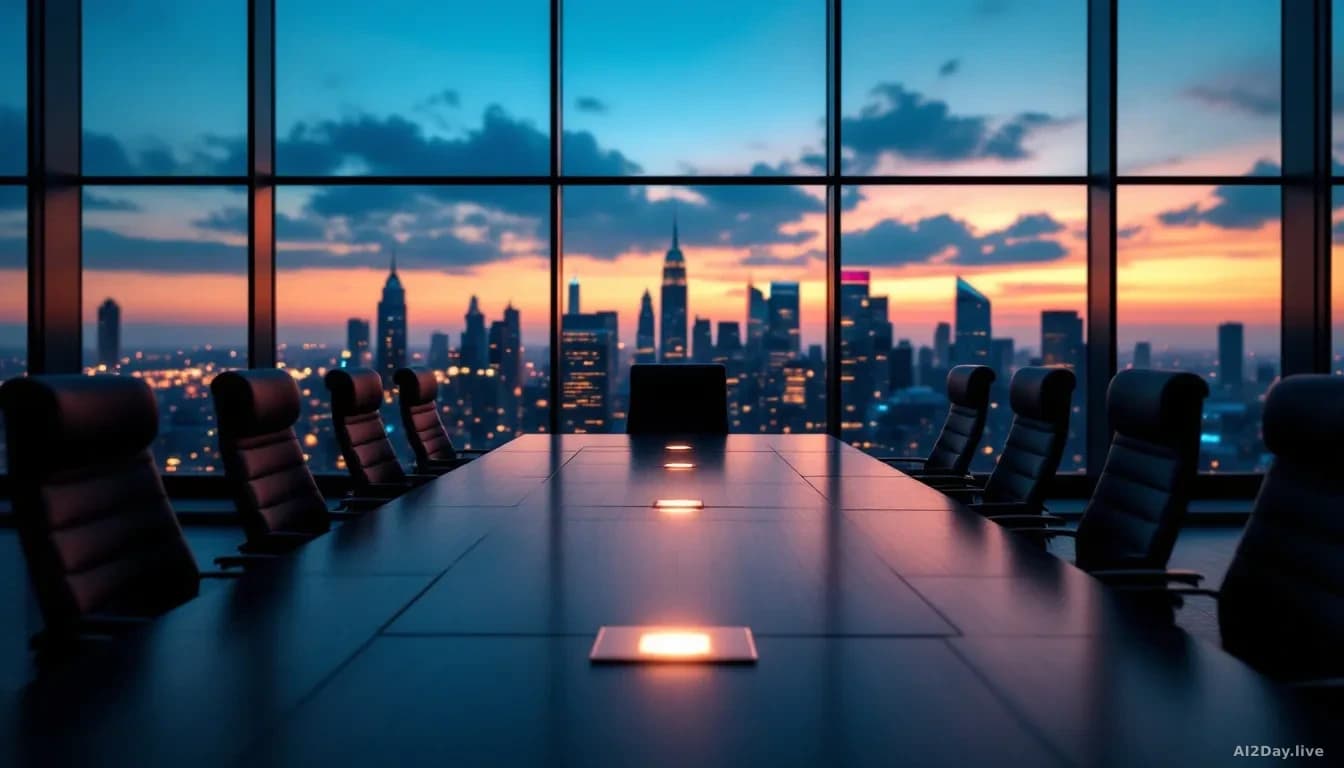 A conference room with several empty chairs around a long table, with floor-to-ceiling windows overlooking a city skyline at dusk, suggesting corporate negotiat