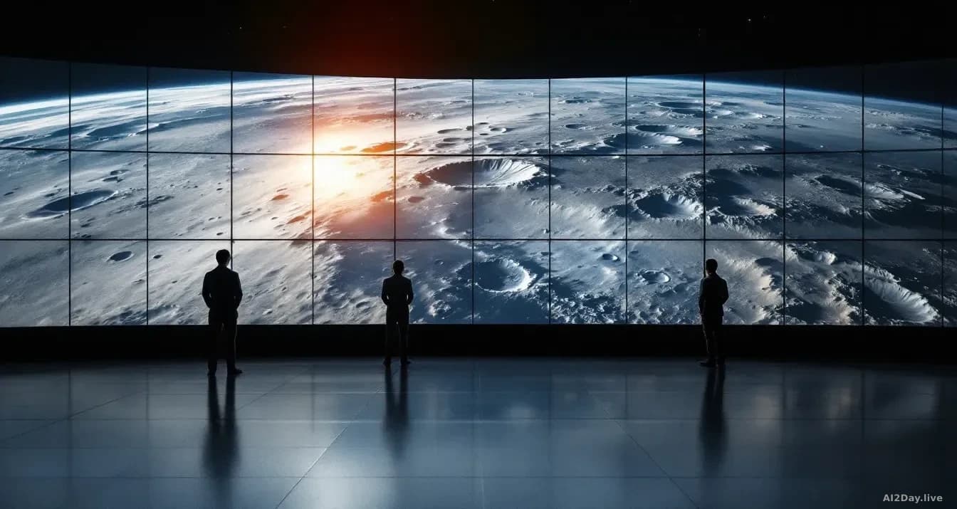 A vast grid of lunar surface imagery tiles displayed on multiple high-resolution monitors in a research facility, showing various crater formations, shadowed va