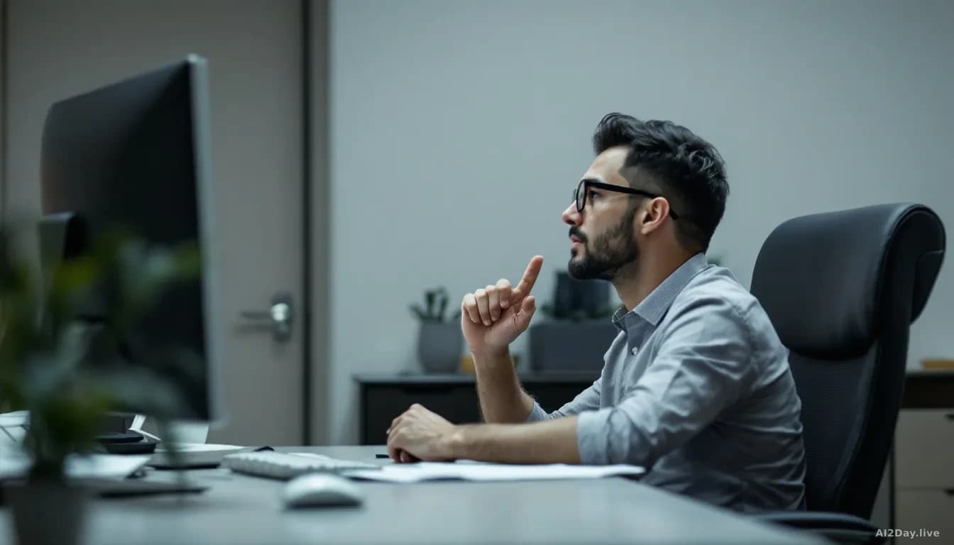 Illustration: A manager sitting alone at a desk with a computer screen visible, hand raised to chin in contemplative posture