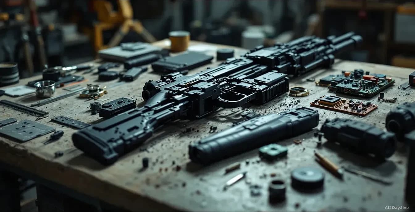 A partially assembled metal framework and electronic components laid out on a workbench in a sparse workshop, with specialized tools and circuit boards visible,