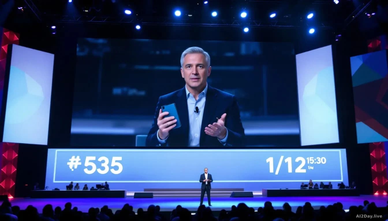 A live conference stage in Los Angeles with a CEO holding an unreleased foldable device during a call, with audience members watching and a large screen display