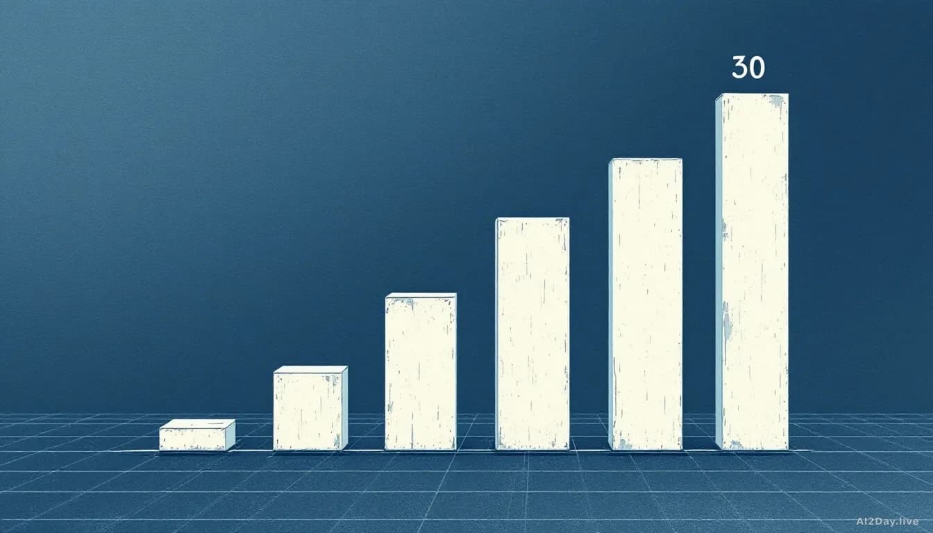 Abstract bar chart with two columns rising sharply from a small block labelled 8 to a much taller block labelled 30, muted newsroom palette of ink blue and pape