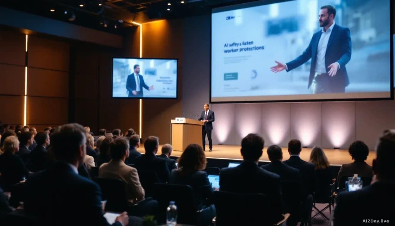 A conference hall where a UK minister addresses trade union leaders at a podium, with AI safety documents and worker protections briefing materials displayed on