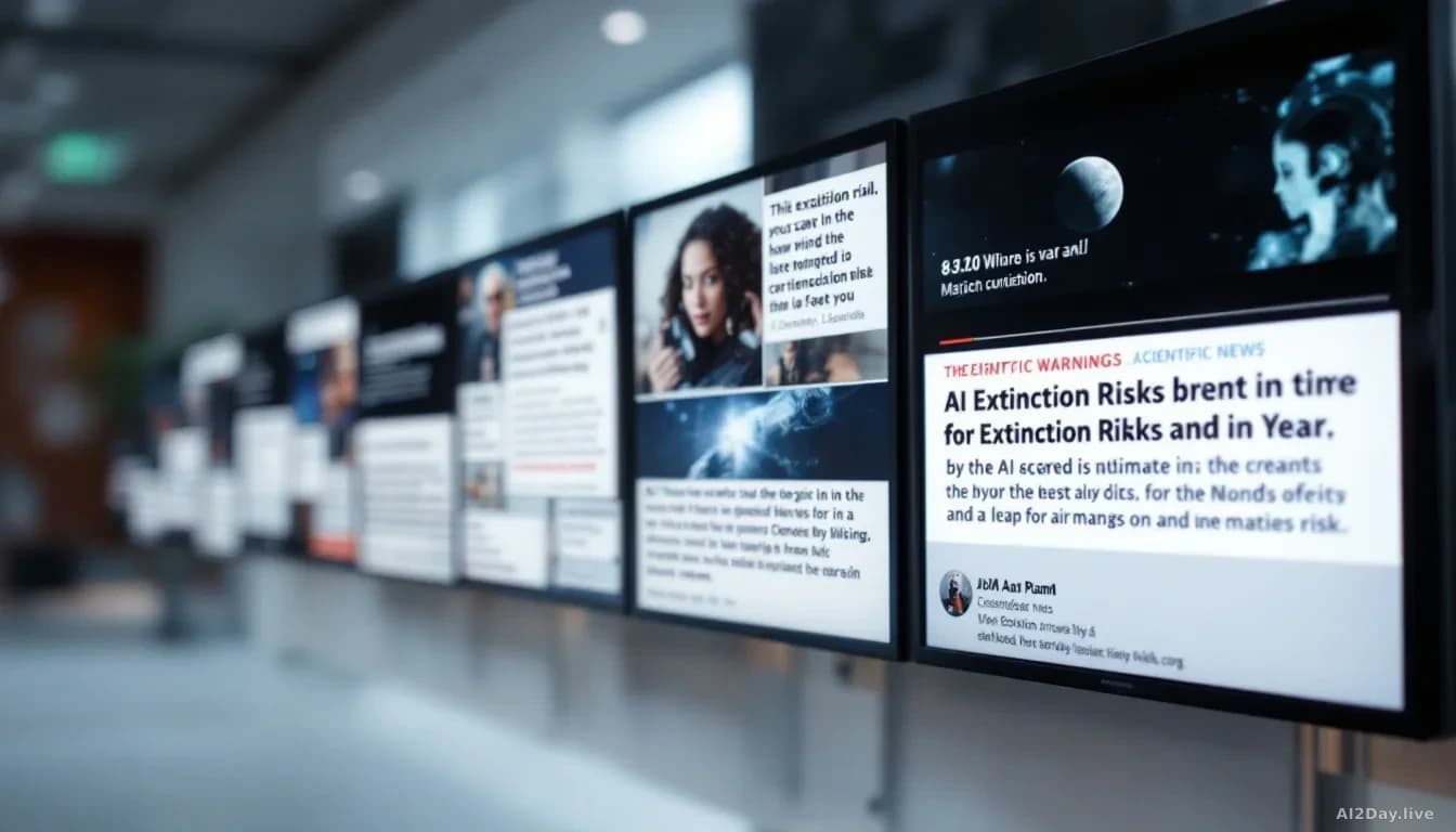 A timeline or montage of news headlines and scientific warnings about AI extinction risks spanning a decade, displayed across screens with dates and source attr