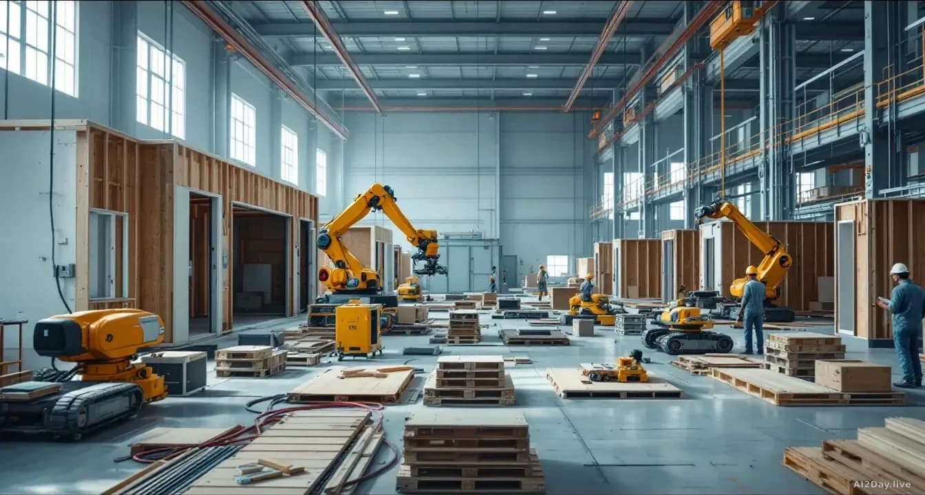 An indoor factory facility building residential components with modular construction units and specialized machinery, alongside a job site with robotic tools as