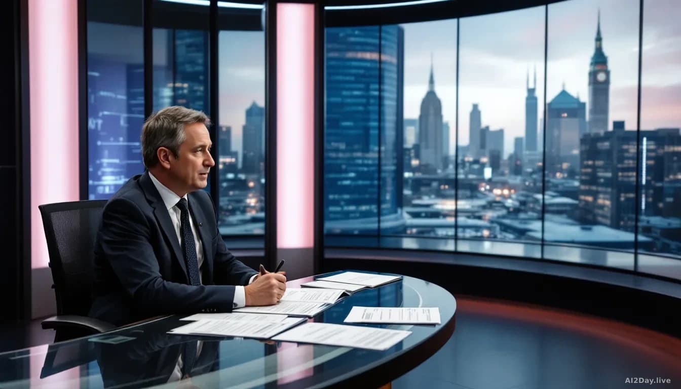 A BBC radio or television studio interior with a minister being interviewed, with worker-related documents and AI policy briefing papers visible on the desk