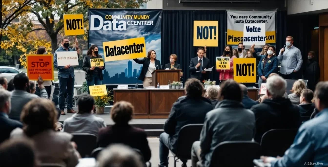 A community town hall meeting with residents holding signs opposing a proposed datacenter, with candidates on stage and voting or petition materials visible