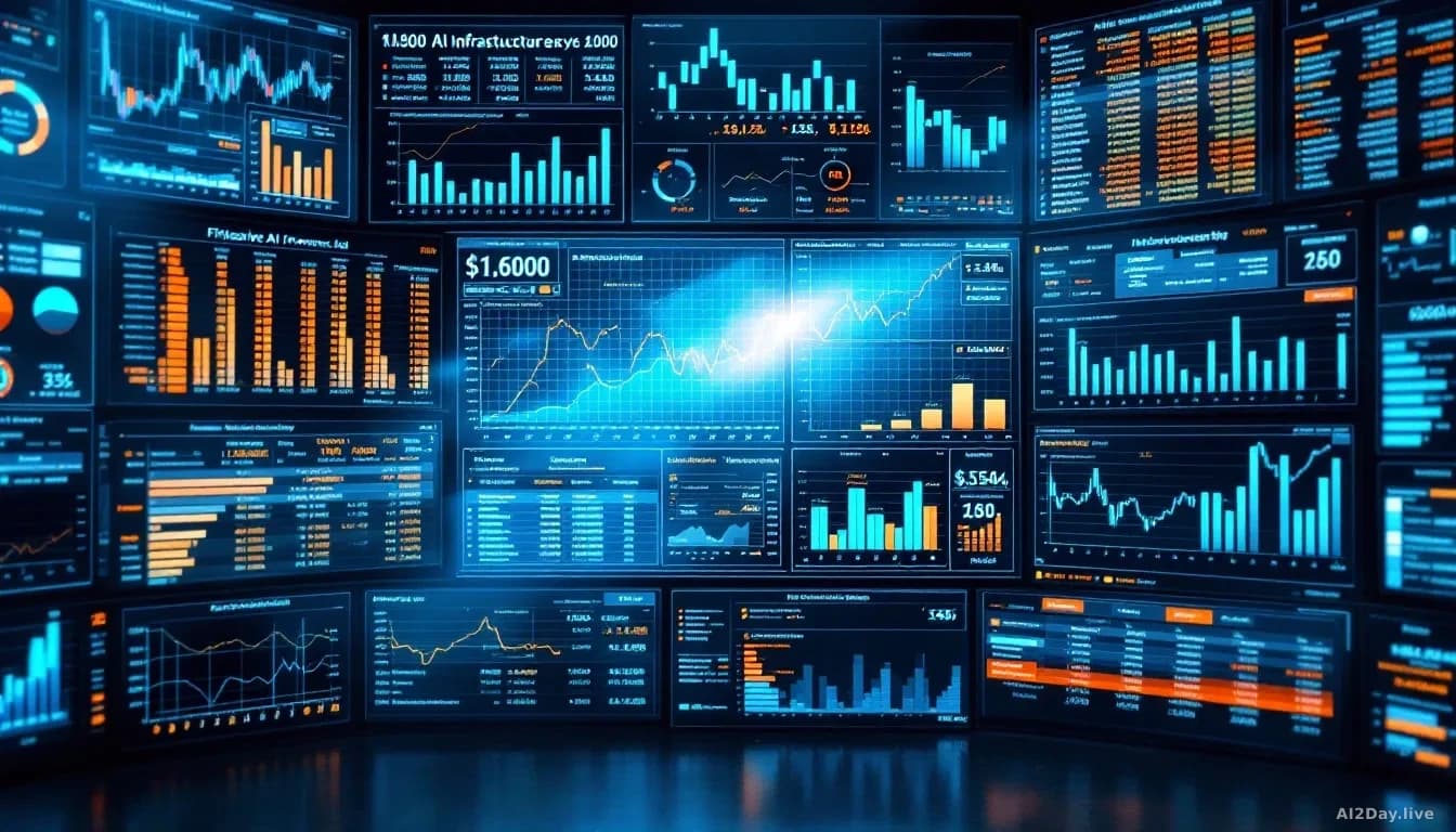 Financial spreadsheets and investment charts displayed across multiple screens showing massive AI infrastructure spending projections, with calculation notes an