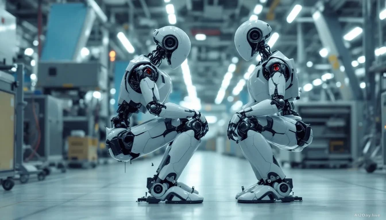 A humanoid robot with prominent leg articulation standing on a factory floor, performing a sitting motion with safety sensors active, captured mid-squat near ne