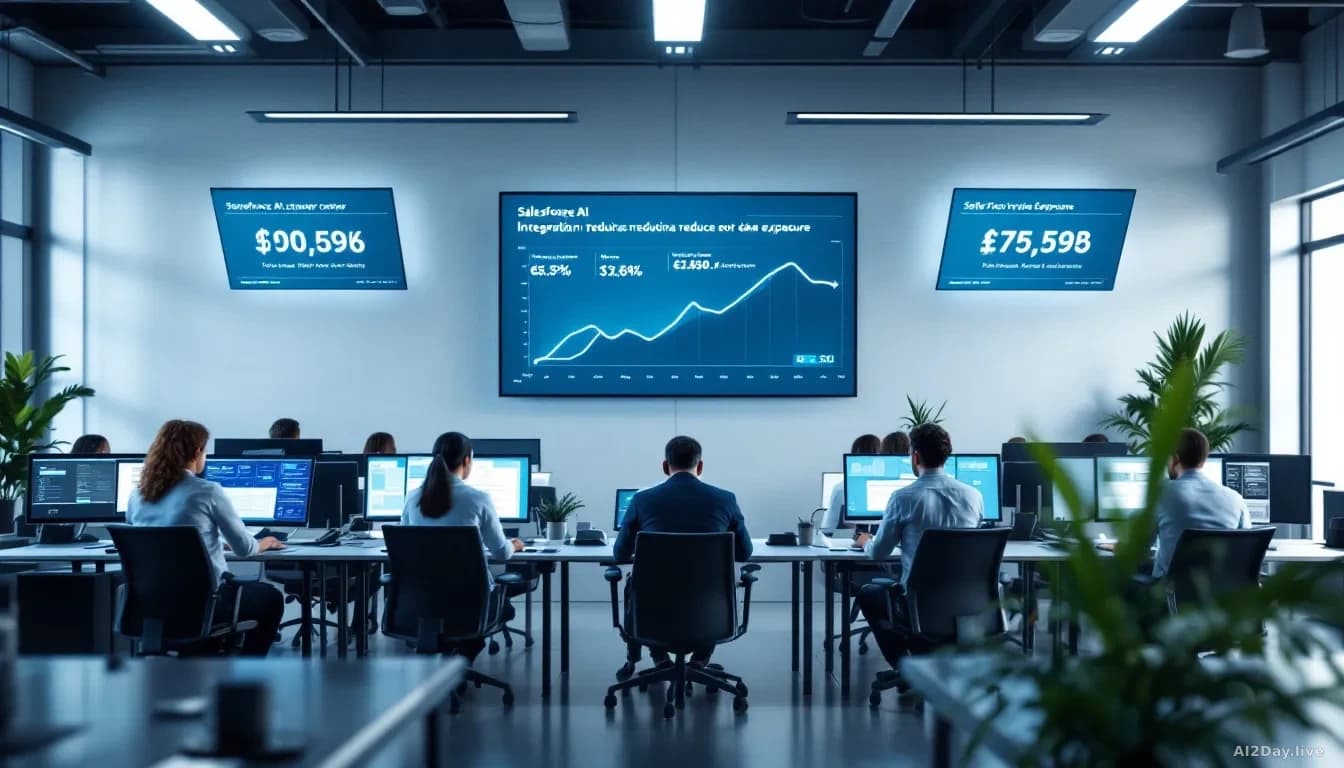 A Salesforce customer support center with agents at workstations, with a display showing enterprise AI integration reducing data exposure and cost metrics on ov