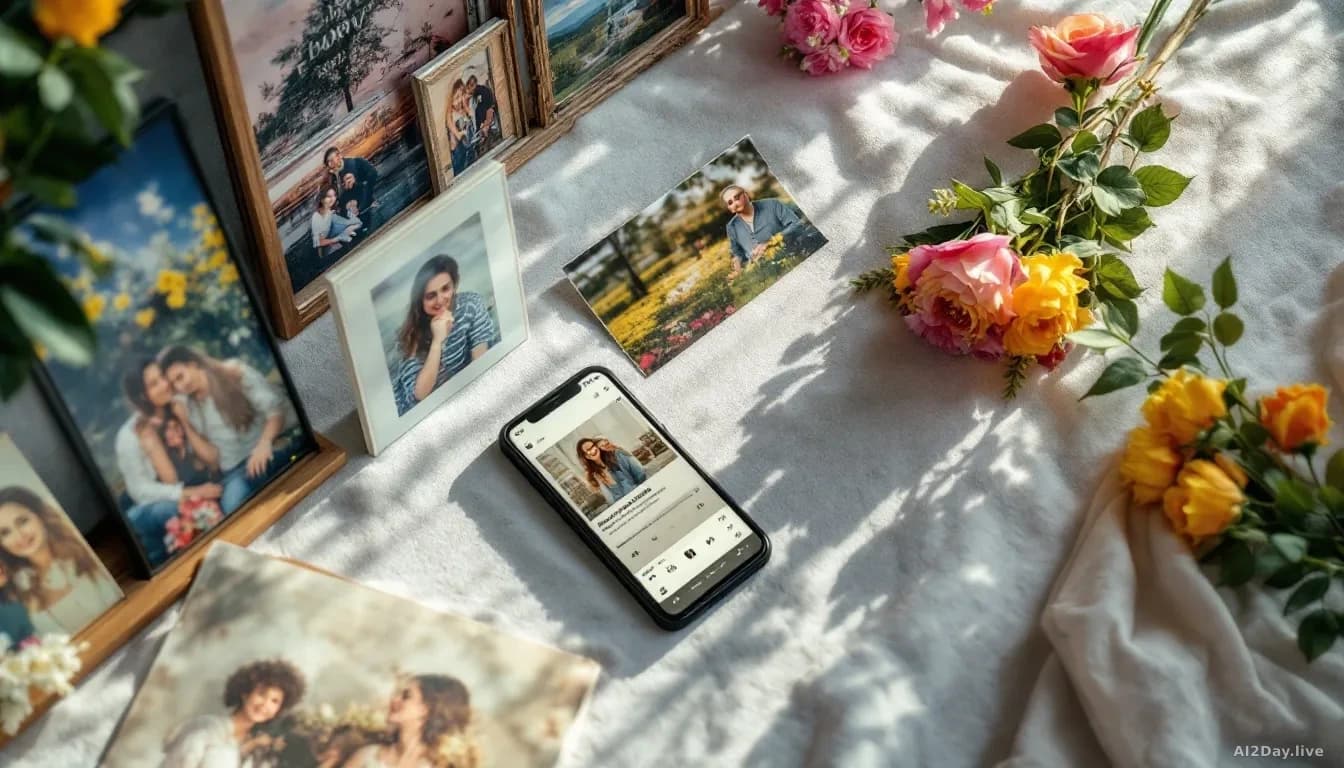 A memorial space with photographs and mementos on display, with a phone screen nearby showing an AI-generated music player or digital tribute interface
