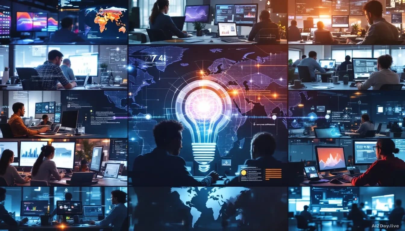 A diverse group of professionals at their desks in different office environments using AI tools, shown through split screens and map overlays indicating global 