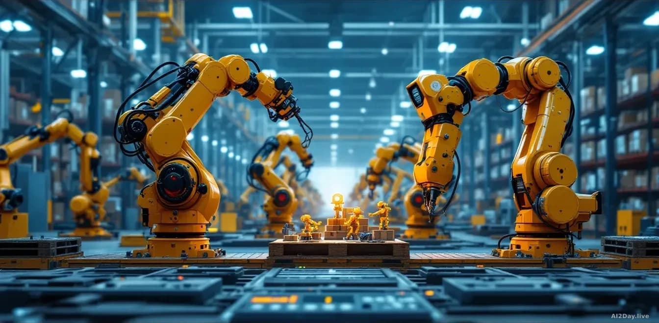 A warehouse floor with multiple industrial robots of different sizes performing coordinated tasks simultaneously, viewed through a management software dashboard