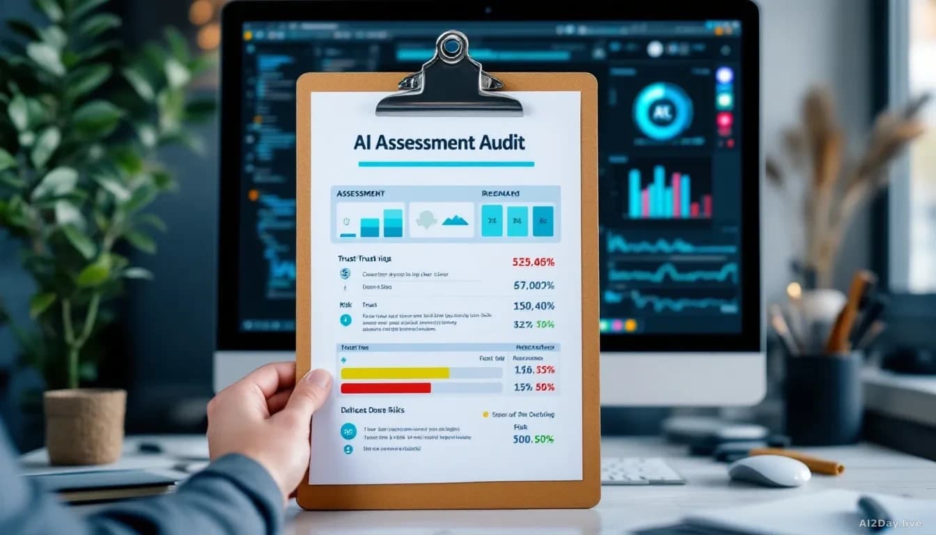 An assessment report with AI system audit results displayed across a clipboard and computer screen, showing trust scores and risk ratings in different colored z