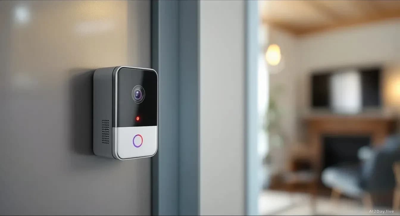 A video doorbell camera mounted on a home's entrance frame showing a live-feed display on a nearby monitor inside, with a small red detection indicator visible 