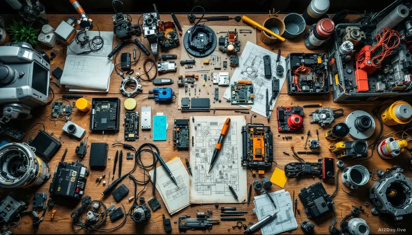 A roboticist's workbench cluttered with prototype components, circuit boards, and mechanical parts at various stages of assembly, with engineering sketches and 