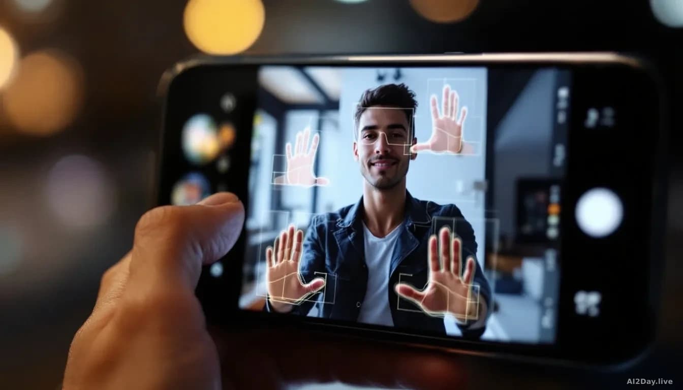 A smartphone screen displaying pose suggestion overlays on a selfie, with multiple posture and hand position guides appearing as translucent guides around a per
