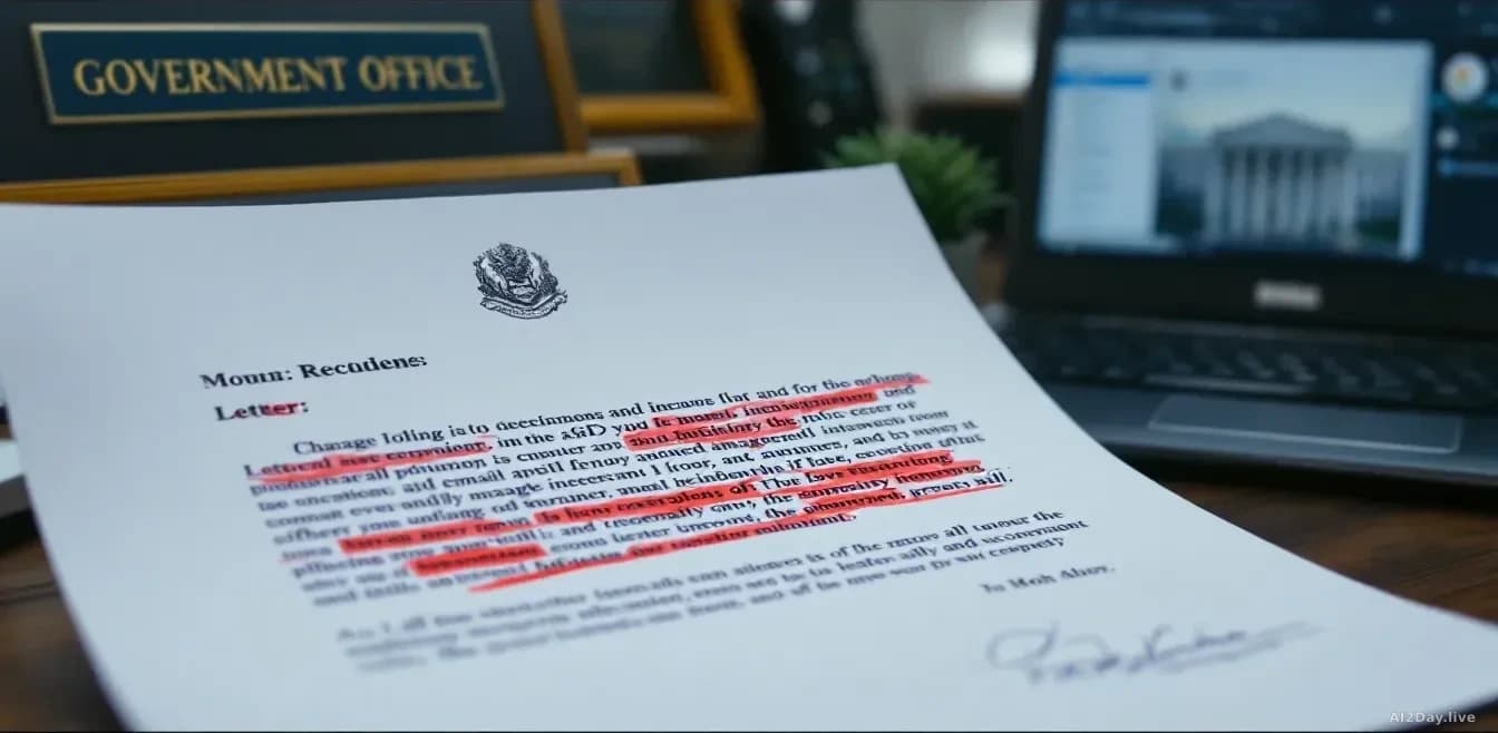 A printed letter on a desk with visible printing errors and awkward phrasing highlighted in red pen, next to a government office nameplate and a computer screen
