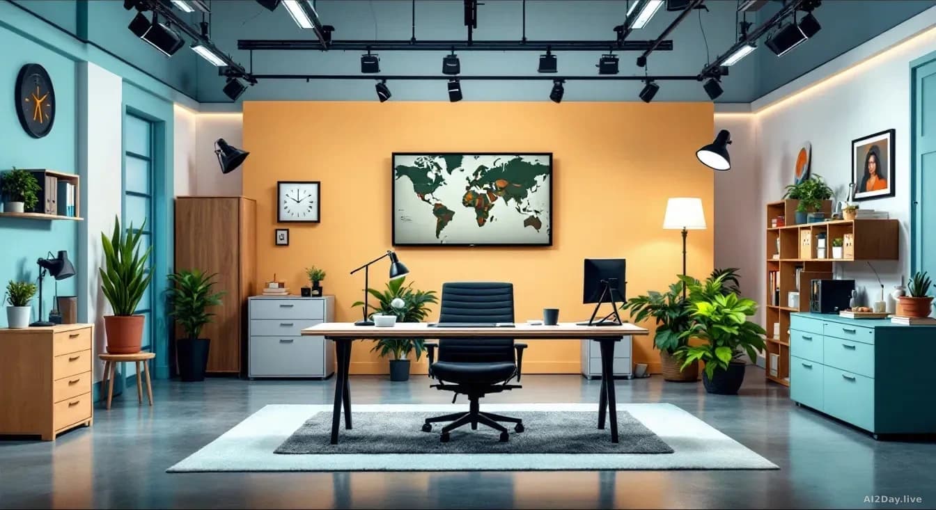 Illustration: A television studio set designed as a workplace office space with desk, filing cabinets