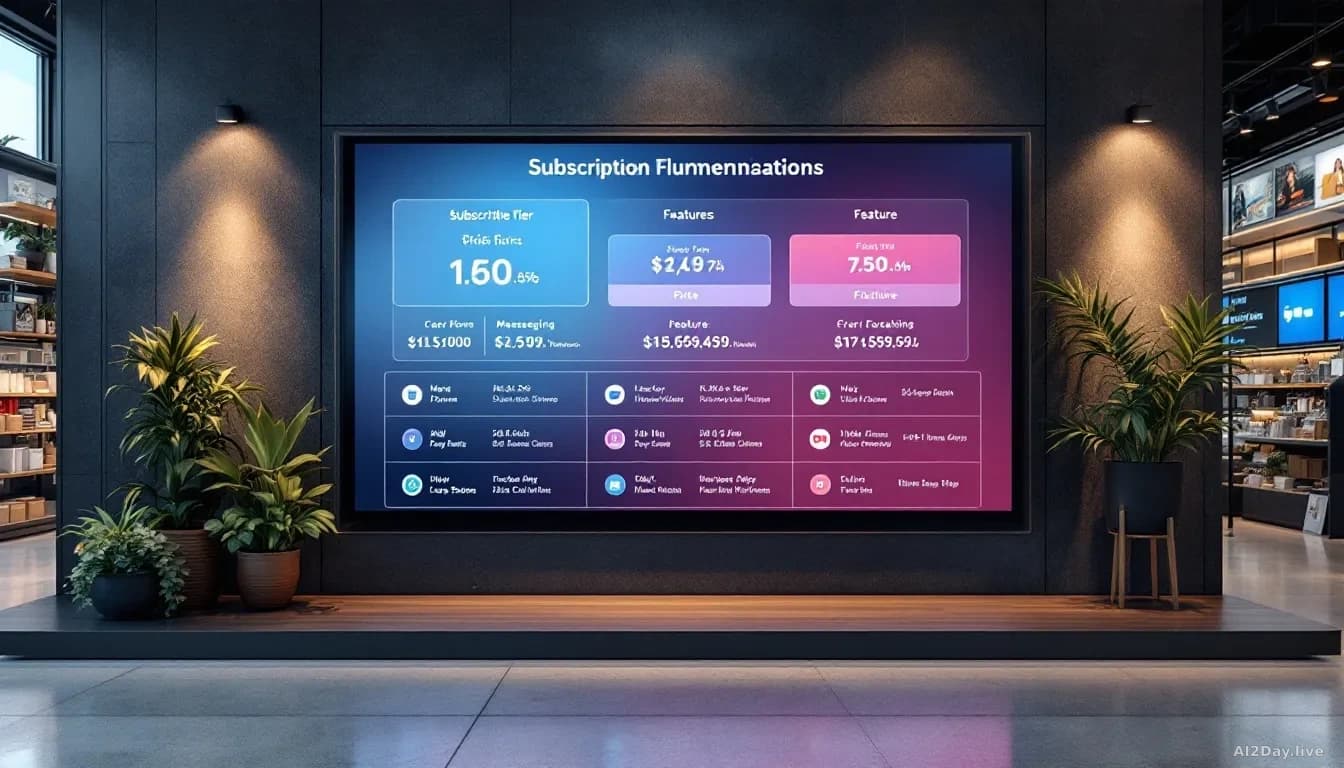 A retail or digital storefront interface displaying subscription tier pricing, messaging app icons, and feature comparison charts on a large display screen