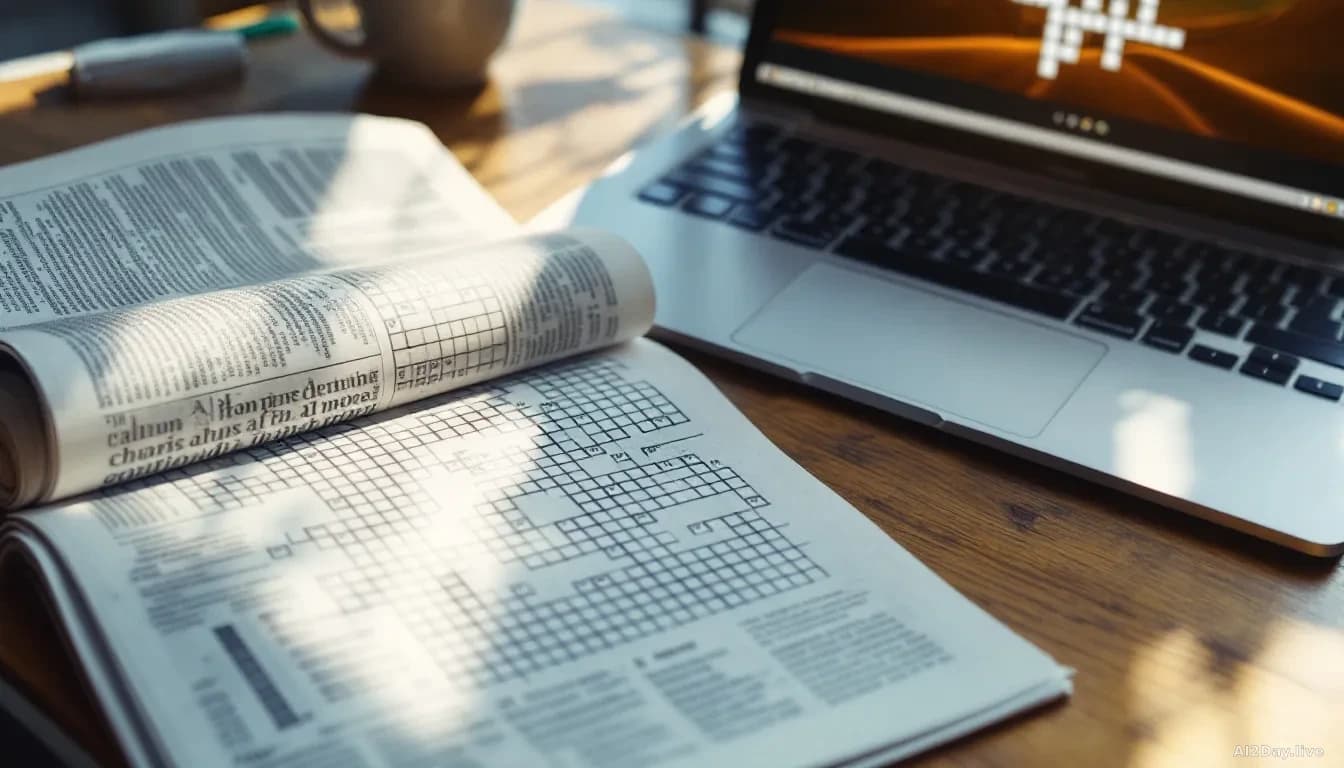 A newspaper or publication open to the crossword puzzle page, next to a laptop displaying AI interface, morning light on desk surface