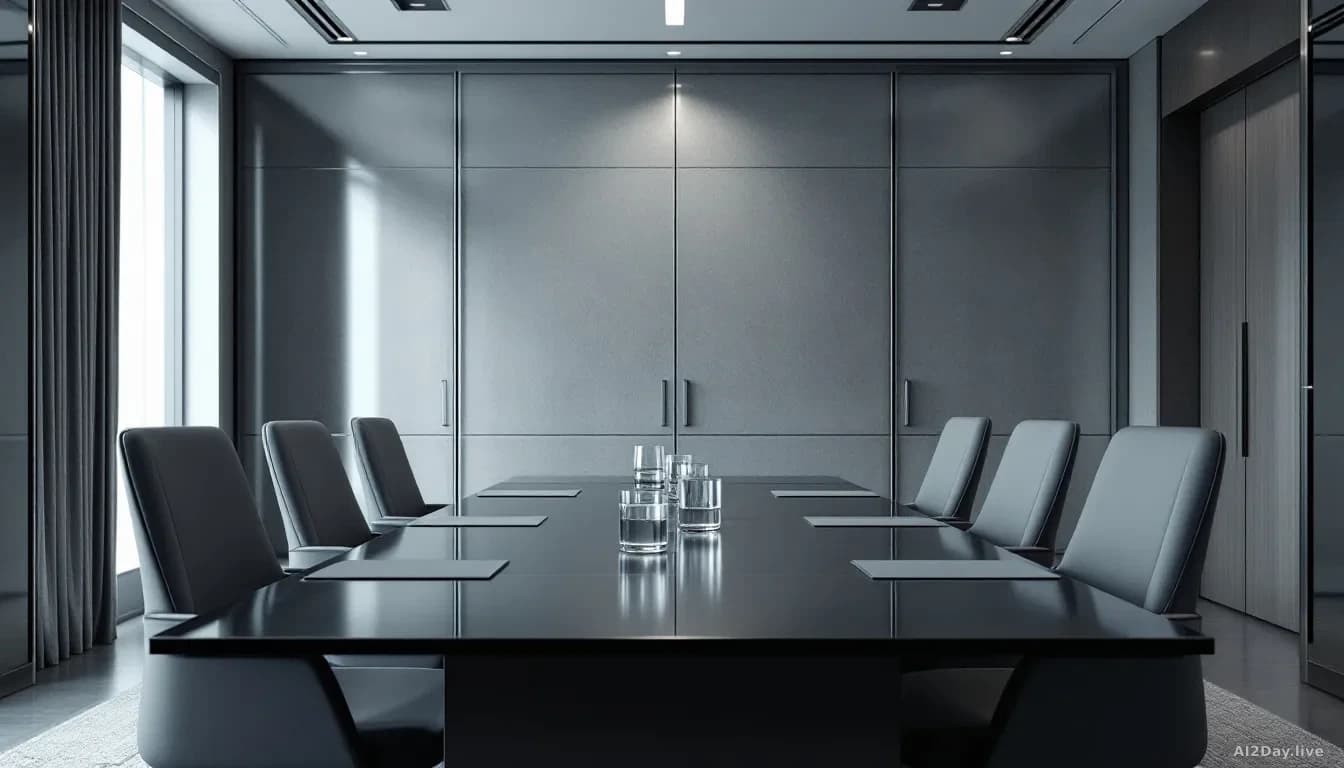 A private boardroom with closed doors, conference table, water glasses, and secure meeting setup, neutral corporate interior, empty of people