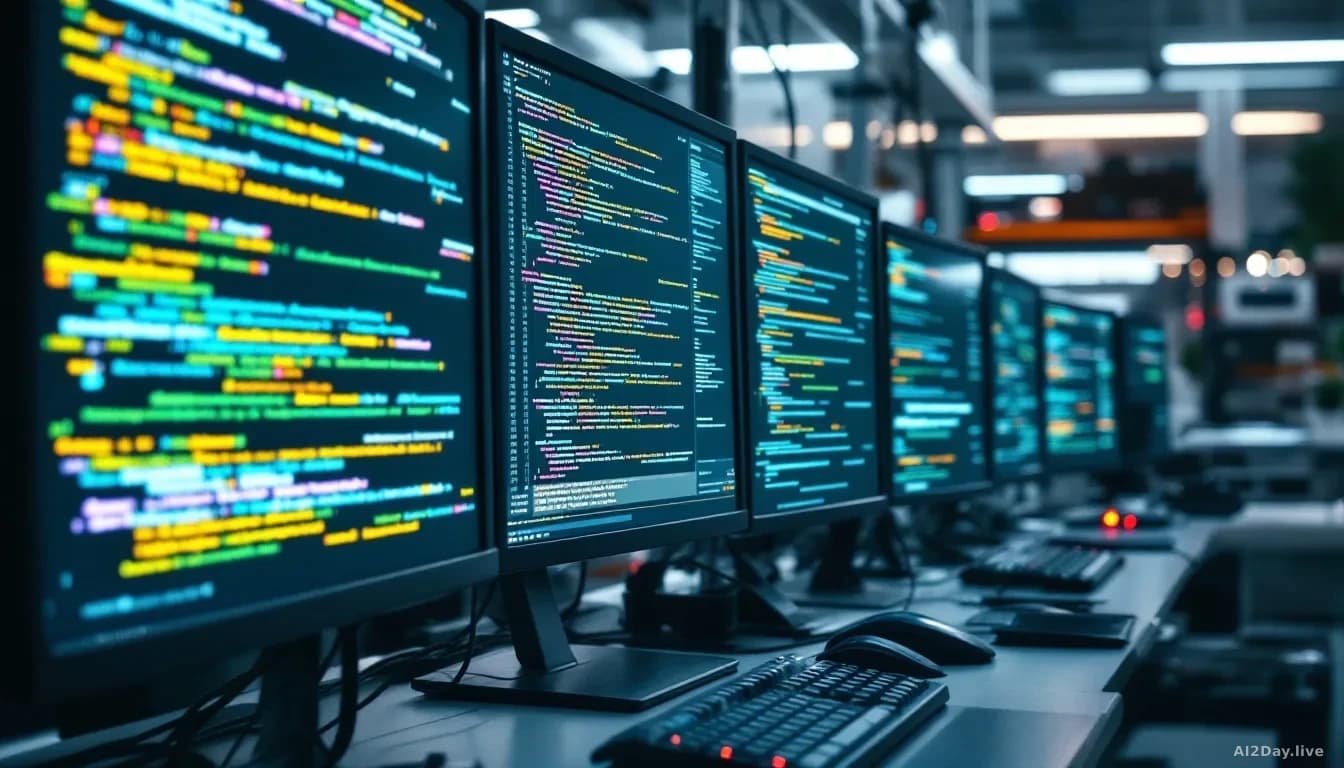 An AI research lab with computer terminals displaying streams of hybrid text, code, and algorithmic outputs scrolling rapidly, technical equipment in background