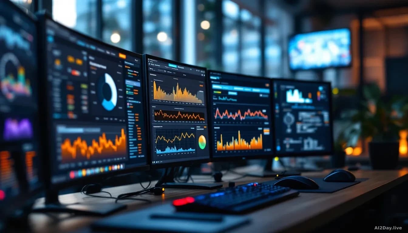 A software testing or quality assurance workstation with multiple monitor displays showing performance metrics, test results graphs, and assessment data