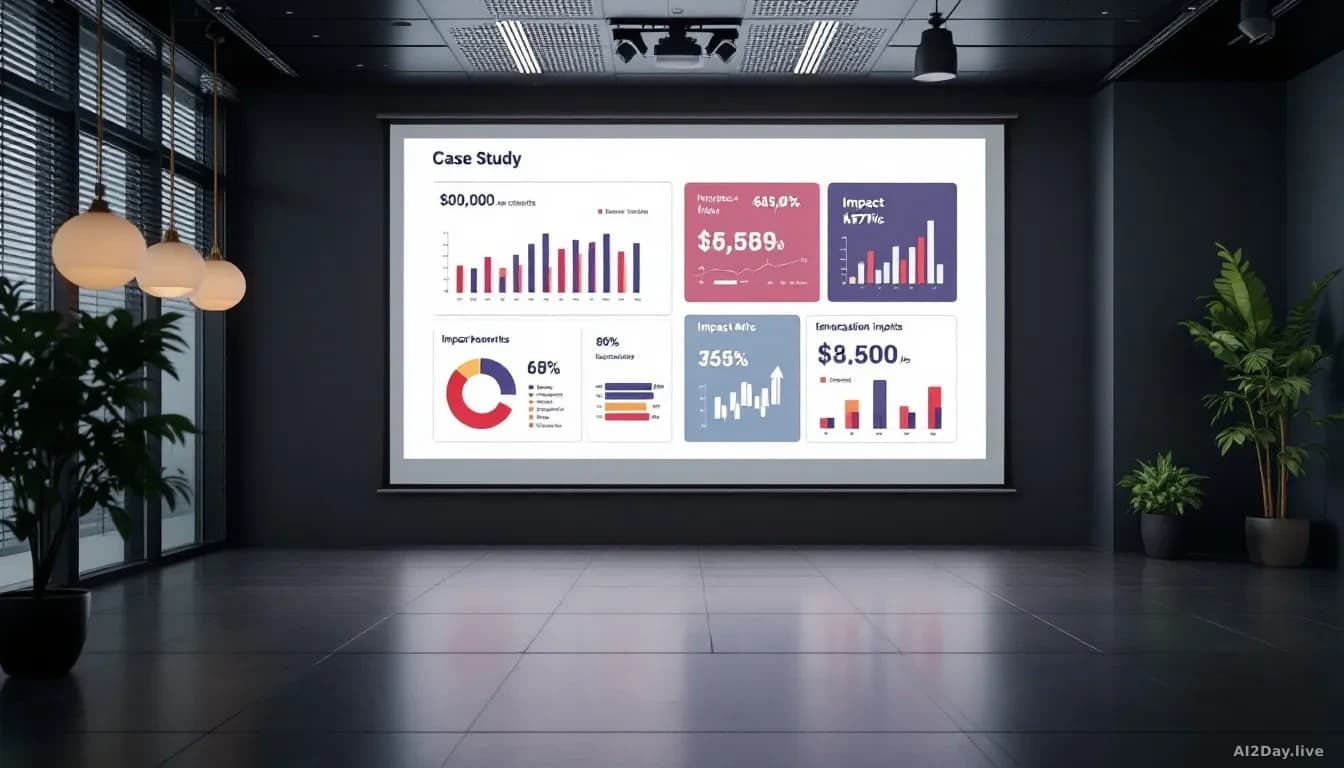 A corporate presentation room with large projection screen displaying case study data charts, reports, and impact metrics, professional office environment, empt
