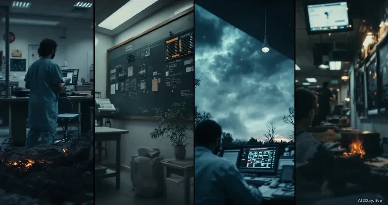 A montage composition showing four distinct locations: a medical clinic, a classroom, a weather station control room, and a disaster relief center, each dimly v