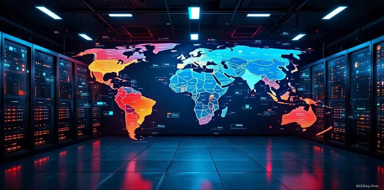 A telecommunications or translation tech facility with global map displays showing language coverage in different colors, servers and networking equipment visib