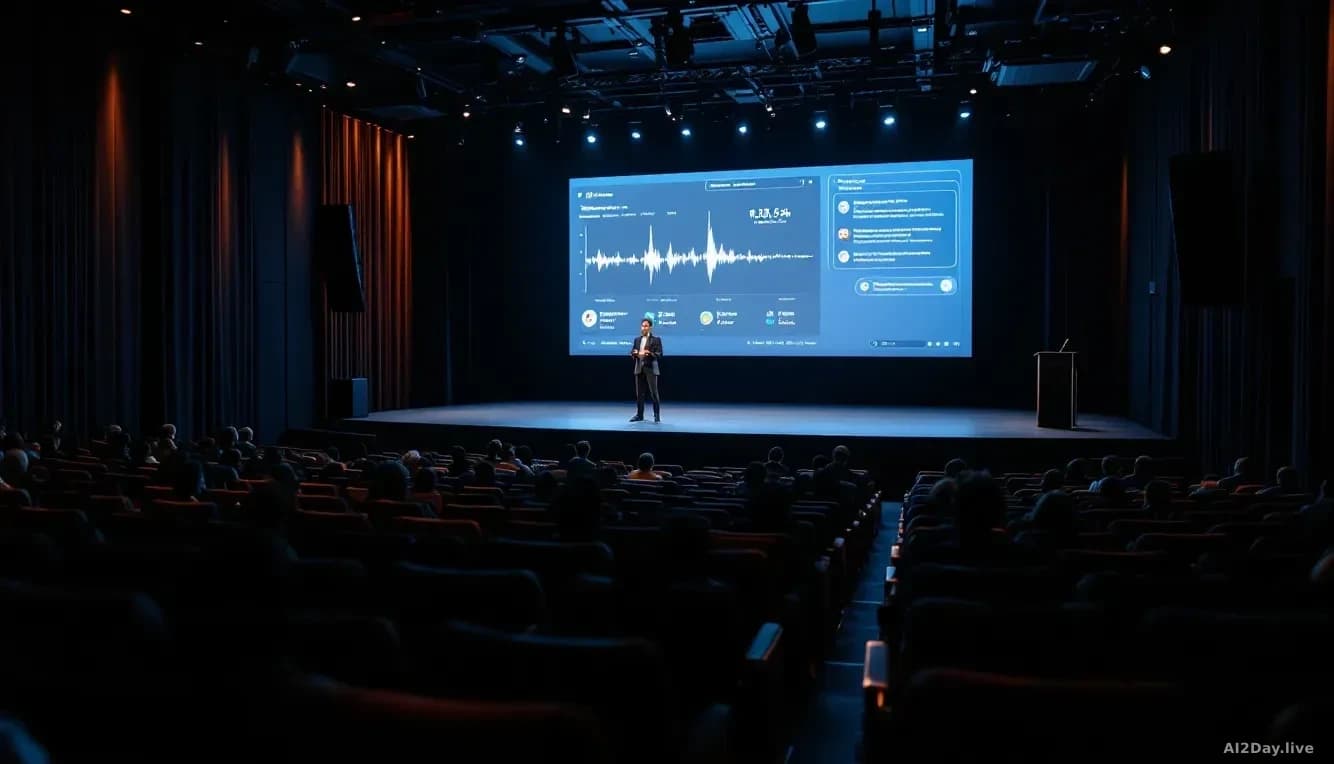 A tech conference presentation space with large display screen showing voice interface waveforms and conversation graphics, empty audience seating, modern audit