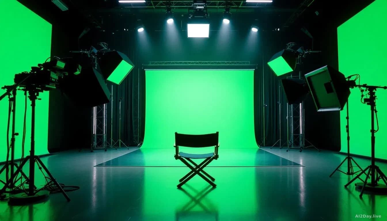 Illustration: A modern digital studio setup with green screen