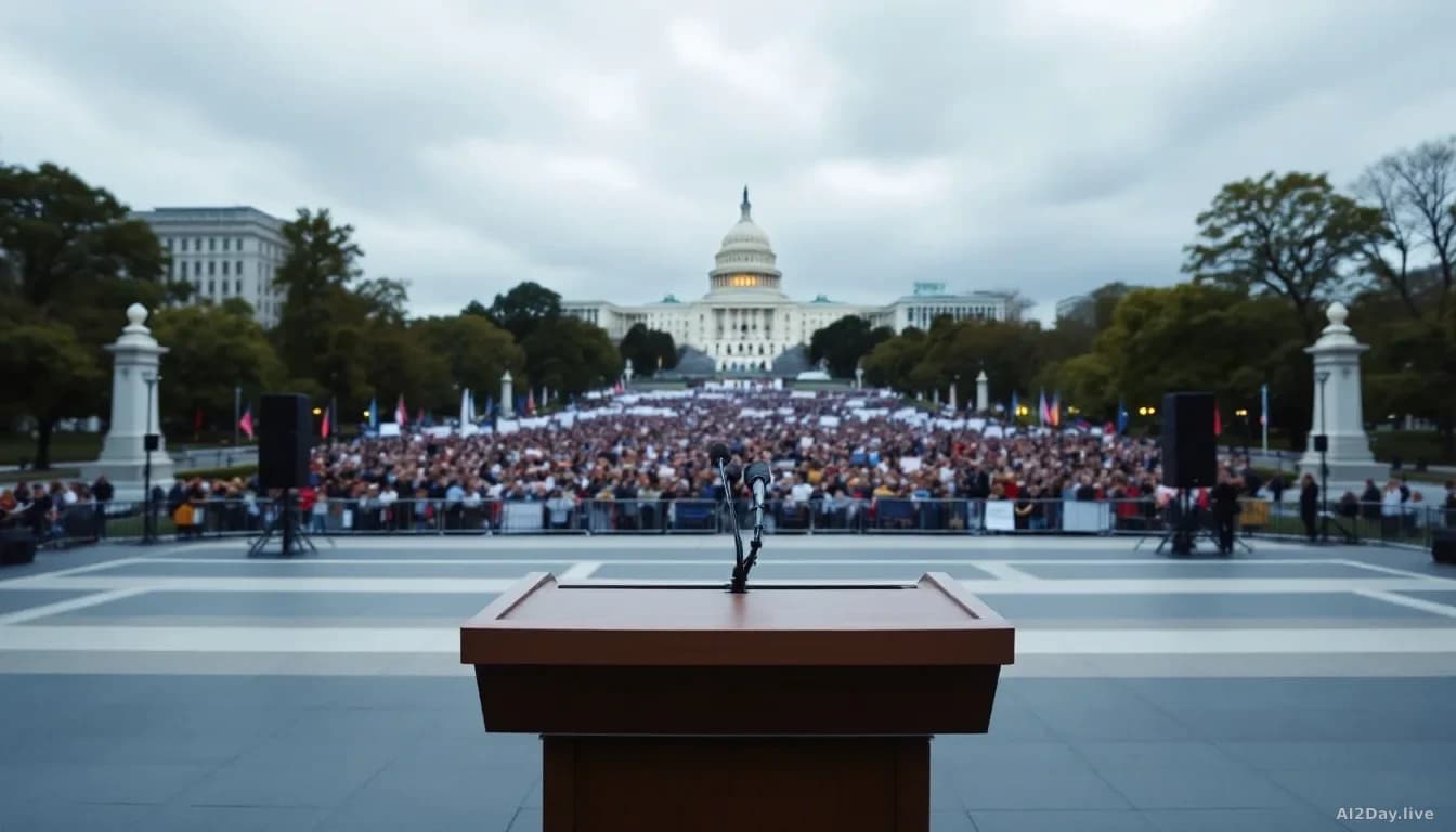An outdoor rally venue in Washington DC with empty podium, microphone, and crowd barrier setup, government buildings visible in background under overcast sky