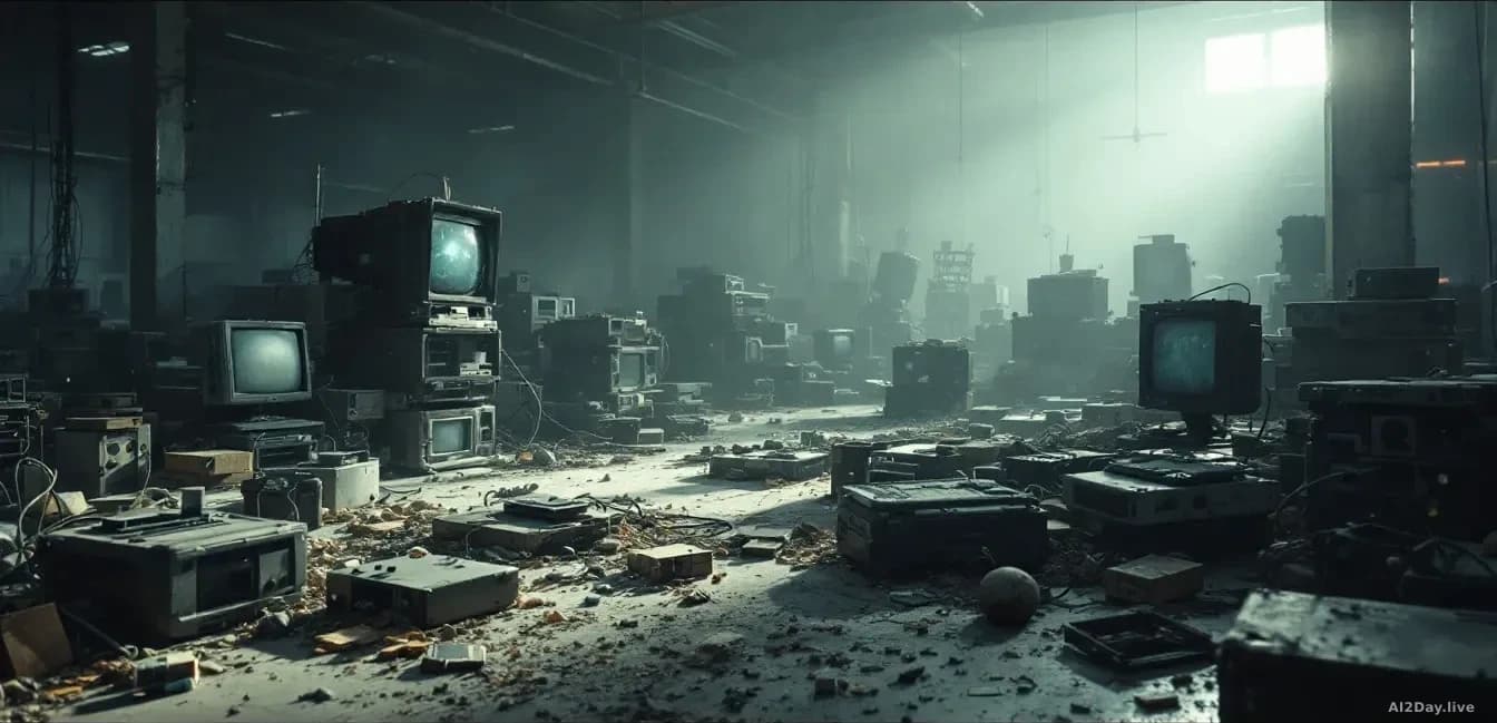 A technology graveyard scene showing abandoned prototype devices, broken hardware, and defunct startup office equipment in a warehouse or storage space, dust vi