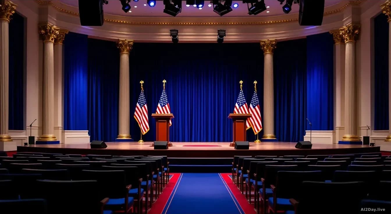 A Washington conference room stage setup with two separate podiums facing the same audience area, American flags on either side, empty seats arranged for a form