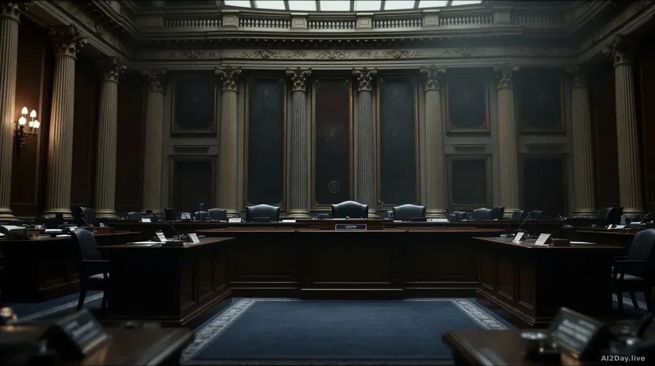 Illustration: A congressional hearing room with empty witness table, microphones, and official seals