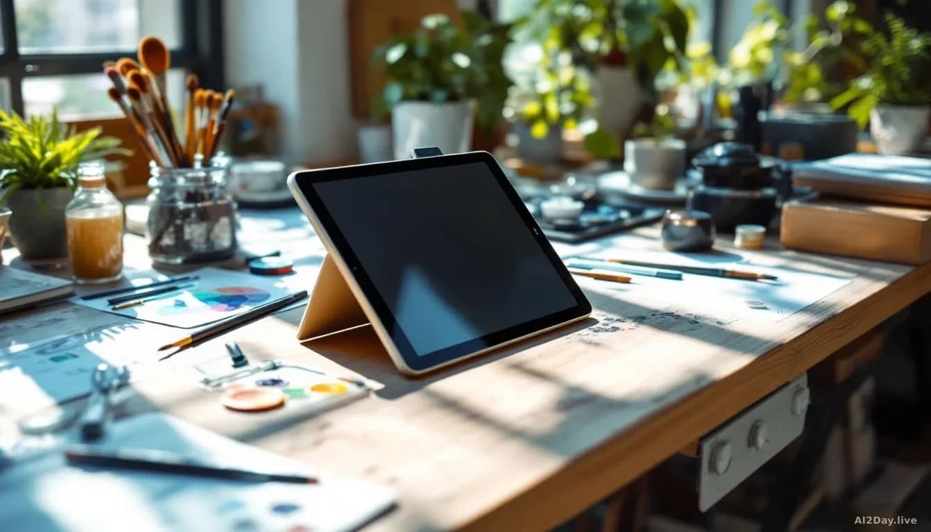 An artist's studio workspace with digital tablet, paintbrushes, and creative materials scattered on desk, sunlight streaming across surfaces, no people visible