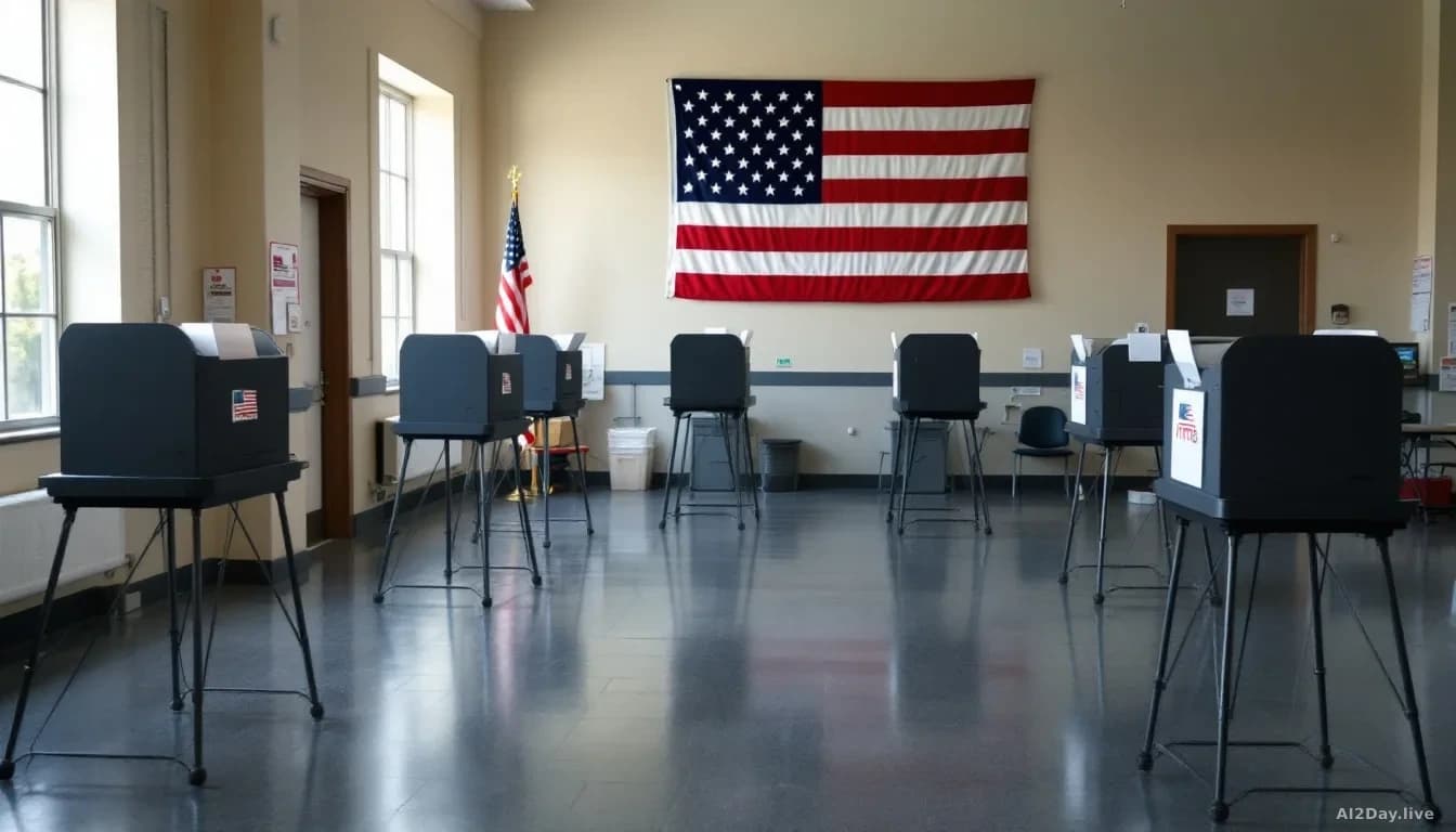 A polling station interior with voting booths and election materials visible, American flag in background, empty of people, natural daylight through windows